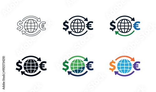Currency Trade Icons. Currency trading workflow concept featuring abstract monetary shapes connected by looping arrows and a