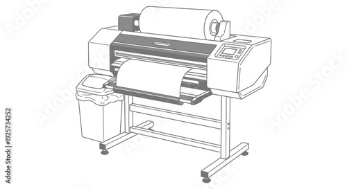 Illustration of a large format printer with paper roll sketch style
