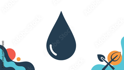 Modern graphic design with a large dark blue water drop icon and colorful abstract wave patterns in the corners.