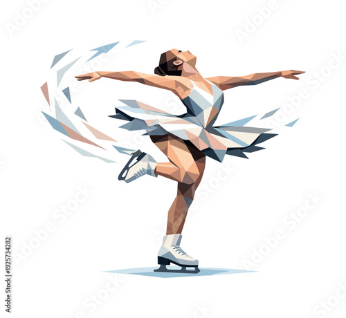Polygonal Skater Spin. Low-poly vector illustration of a figure skater captured mid-twirl at peak rotation, full-body athlete with