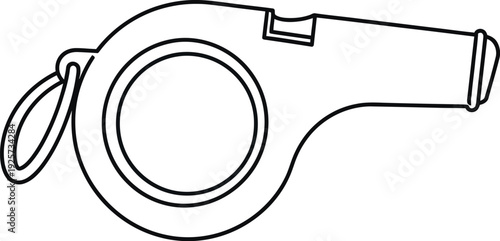 Simple black line art icon representing a referee or coach signaling importance using a classic sports whistle isolated on a clean white background for versatile design use.