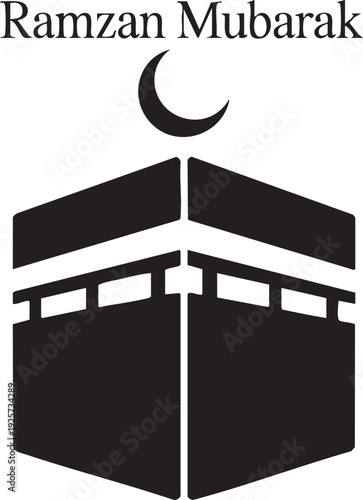 Kaaba and crescent moon illustration, Ramzan Mubarak text, Islamic building and symbol for Muslim holiday and pilgrimage greeting
