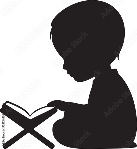Boy reading Quran silhouette on stand, child learning holy book, religious education and study, Islamic culture and faith symbol