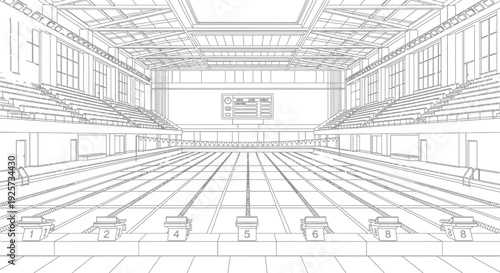 Detailed architectural wireframe drawing showcasing an empty indoor competitive swimming pool facility ready for a major championship event with numbered starting blocks.
