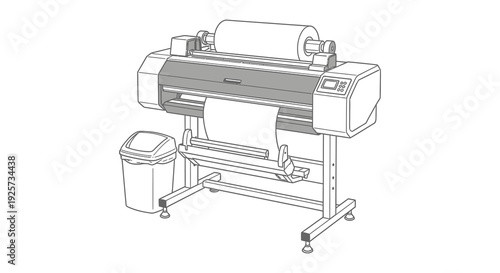 Illustration of a large format plotter printer with paper roll and wastebasket