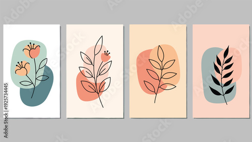 Collection of four minimalist botanical art prints depicts elegant hand drawn leaves and flowers over soft abstract organic shapes.