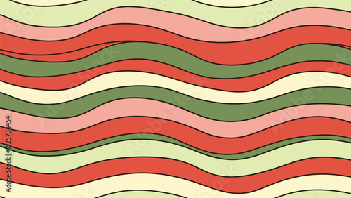 Abstract wavy pattern consists of flowing horizontal lines in a warm palette of salmon pink, sage green, and creamy off-white tones.