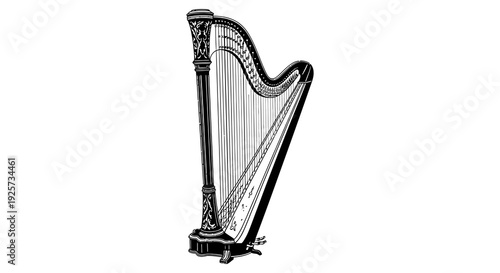 Detailed illustration of a classic ornate concert harp in black and white