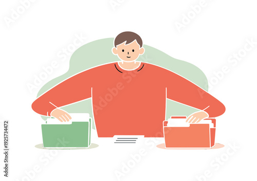 Gentle person places files into folders at a desk, fingers smoothing papers, labels aligned, pace unhurried. | files folders,