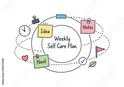 Circular planning wheel, orbiting sticky notes, tiny clock and flag icons, curved dotted paths for Weekly self care plan with