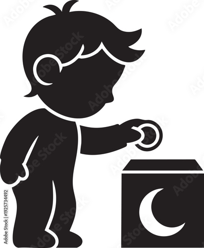 Child putting coin into charity box with moon symbol for ramzan islamic holiday vector