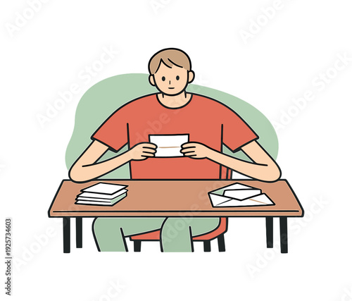 Light person opens mail at a small table, sliding envelopes neatly while papers peek out and hands pause to read calmly. |