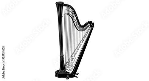 Elegant black concert harp with numerous strings isolated on a white background
