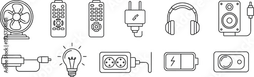 Collection of essential electronic device icons depicted in simple black outline style representing household gadgets and various power components for technology concepts