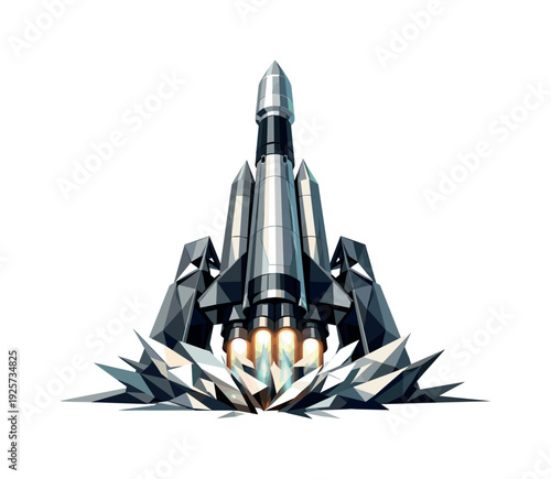 Low-poly vector illustration of a rocket moments before launch, standing upright with angular support structures implied through