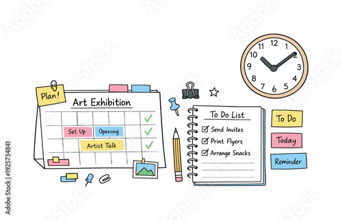 Desk calendar page, notebook, sticky notes and a wall clock, checkmarks and event blocks for Art exhibition planning with tabs,