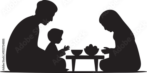 Family silhouetted at dinner table with food and bowls, celebrating Ramadan meal, togetherness concept