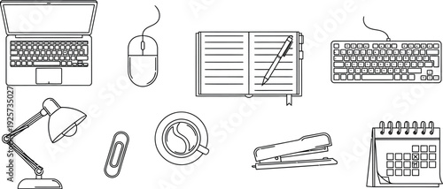 Set of black and white line art icons illustrating essential office supplies and desktop electronics necessary for modern remote work or professional business tasks