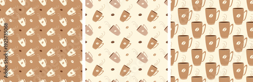 Three seamless coffee cup patterns in warm brown and beige tones, ideal for cafe branding, packaging and textile design