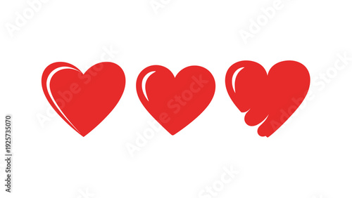 Set of three red heart icons displays different artistic styles including classic highlights and a textured hand painted brush stroke effect.