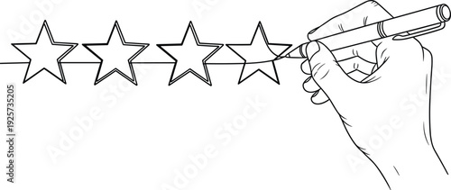 Customer rating concept with hand drawing five star review, feedback evaluation black and white line art illustration isolated background