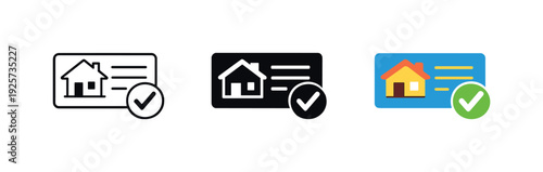 Real estate verification icons: house card with checkmark in white, black, and color