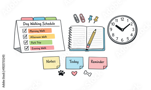 Desk calendar page, notebook, sticky notes and a wall clock, checkmarks and event blocks for Dog walking schedule with tabs,