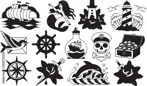 Black and white nautical and pirate-themed and symbols ship