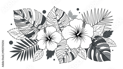 Detailed black and white line art of a tropical flower bouquet features large hibiscus blossoms and various exotic palm and monstera leaves.