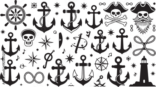 Black and white nautical and pirate symbols including anchors skulls and lighthouses