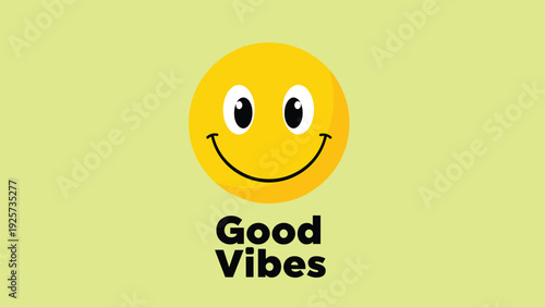 Bright yellow smiley face icon on a light green background features the text Good Vibes in bold black font for a positive message.