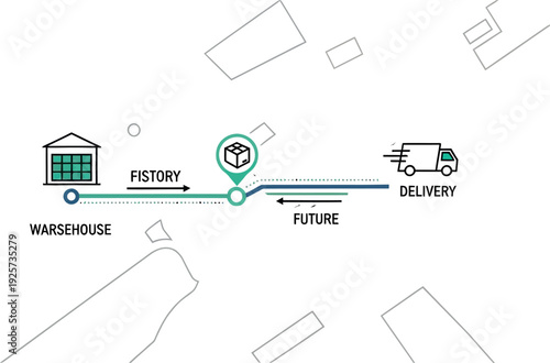 Visual representation of the logistics and supply chain process showing goods moving from a warehouse through a central point toward final delivery on a stylized city map background.