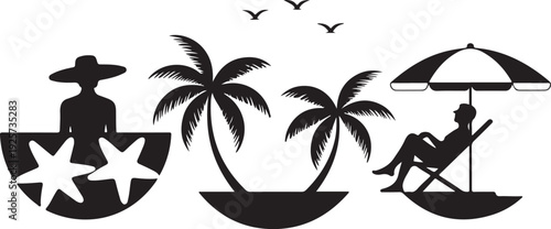 Black and white of beach relaxation with palm trees and sunbathing silhouette