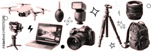 Halftone pop art dot drone camera laptop tripod backpack gimbal lens air blower photography equipment collection vector illustration