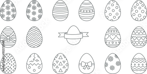 Collection of various beautifully decorated easter eggs featuring different patterns like flowers stripes hearts and simple geometric shapes for holiday coloring pages