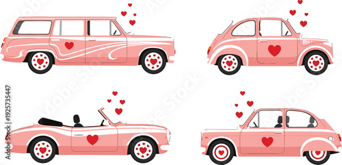 Four Pink Retro Cars Decorated With Red Hearts And Hearts Floating Above vintage