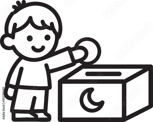 Boy putting coin in donation box with moon symbol for charity giving fundraising contribution campaign