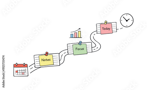 Milestone roadmap path, notebook strips as checkpoints, mini chart and calendar icons, pinned sticky notes for Clinic reception