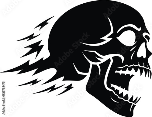 Screaming Skull Silhouette with Lightning Trail, Edgy Gothic Vector Graphic for Streetwear and Tattoos