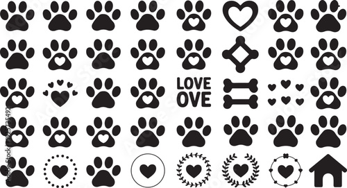 Black and white paw prints and heart symbols with love text and dog bone