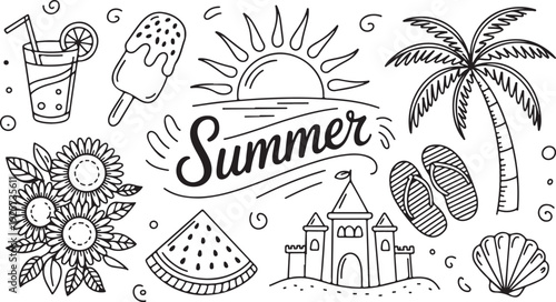 Black and white summer-themed with sun, sandals, ice cream, and beach watermelon