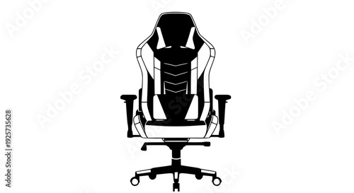 Modern gaming chair vector, ergonomic design, high backrest, headrest and lumbar pillow, flat design, clean geometric shapes, minimal color palette