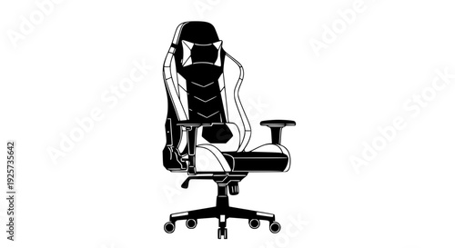 Modern gaming chair vector, ergonomic design, high backrest, headrest and lumbar pillow, flat design, clean geometric shapes, minimal color palette