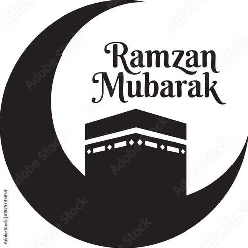Ramzan Mubarak crescent moon and Kaaba illustration, Islamic greeting, holy month symbol