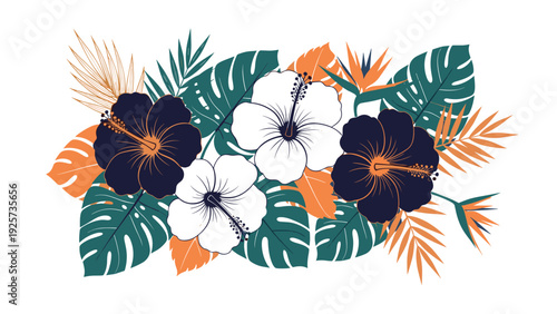 Artistic tropical floral arrangement features stylized dark blue and white hibiscus blossoms with teal and orange exotic leaf foliage.