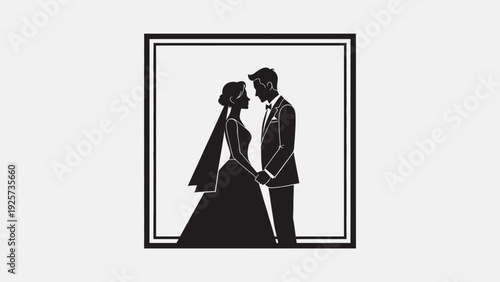 Elegant bride and groom holding hands in black silhouette illustration
