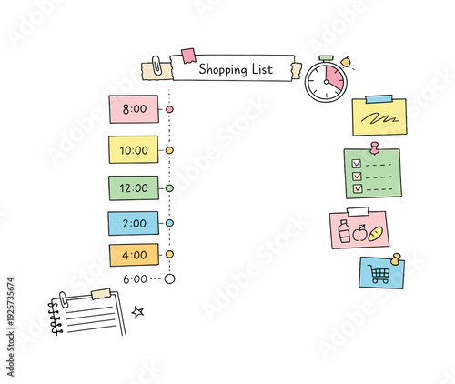 Minimal Planner Design. Daily schedule timeline with time blocks, timer and notebook page scraps, sticky notes and progress dots