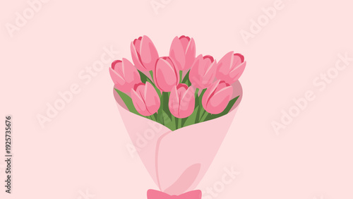Beautiful bouquet of pink tulips wrapped in light pink paper is centered on a solid matching pink background for a romantic floral theme.