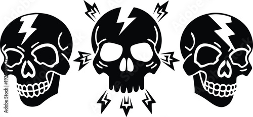 Three Gothic Skull Silhouettes with Lightning Bolts, Edgy Macabre Vector Graphic Set for Streetwear