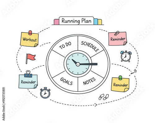Circular planning wheel, orbiting sticky notes, tiny clock and flag icons, curved dotted paths for Running plan schedule with